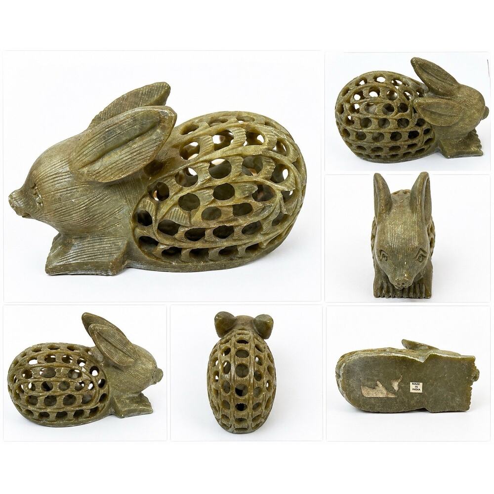 Vintage Hand Carved Soapstone Rabbit BabyBunny Figurine Openwork Lattice India